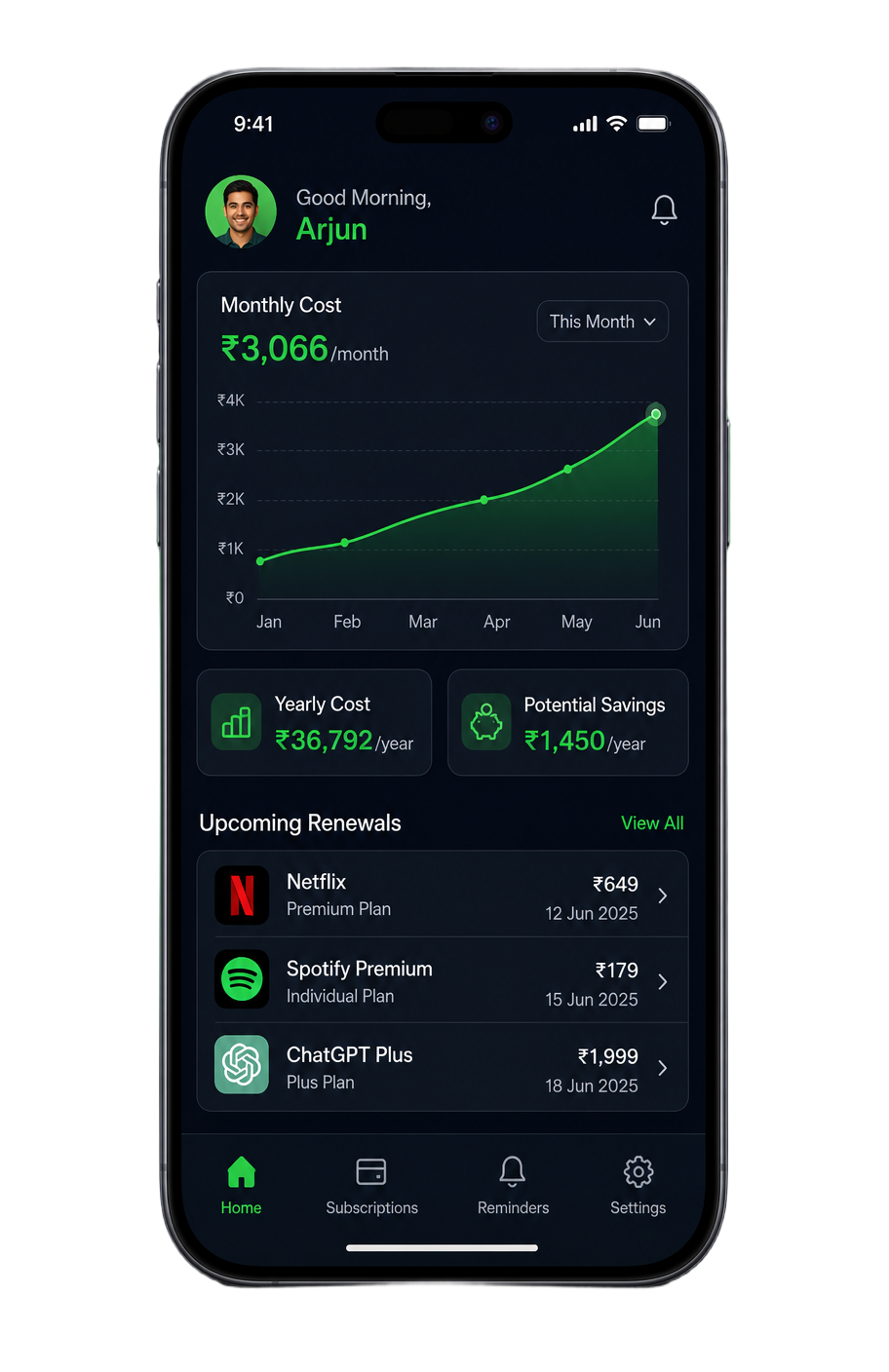 Savely subscription dashboard on a smartphone